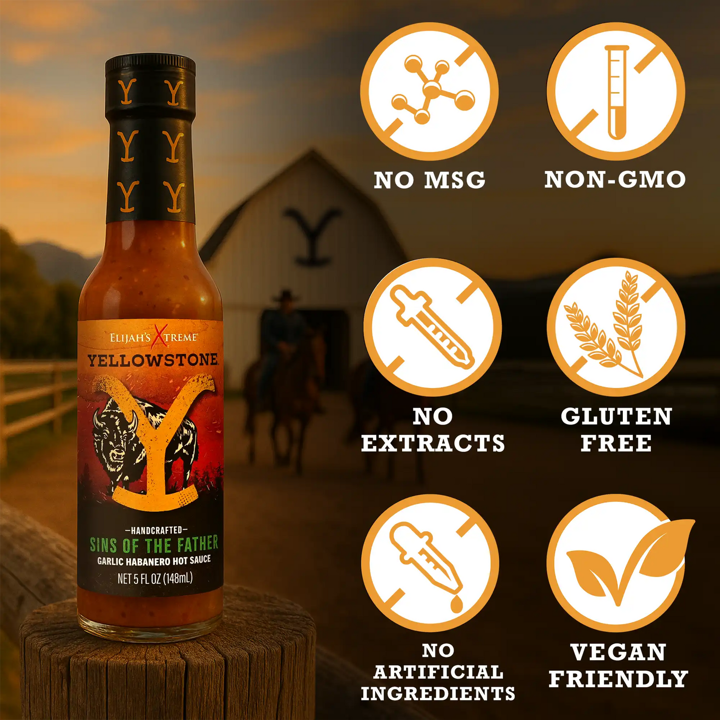 Yellowstone hot sauce bottle with certification icons on a rustic background