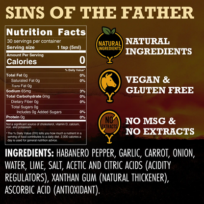 Nutrition facts label for a product named 'Sins of the Father' with natural ingredients, vegan, gluten-free, no MSG, and no extracts information.