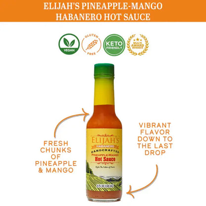 Hot sauce bottle with branding and product details on a white background