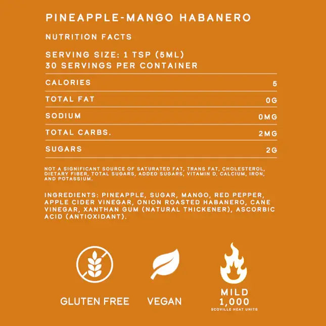 Nutrition facts label for Pineapple-Mango Habanero on an orange background