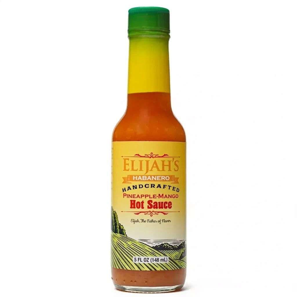Bottle of Elijah's Habanero Handcrafted Pineapple-Mango Hot Sauce on a white background