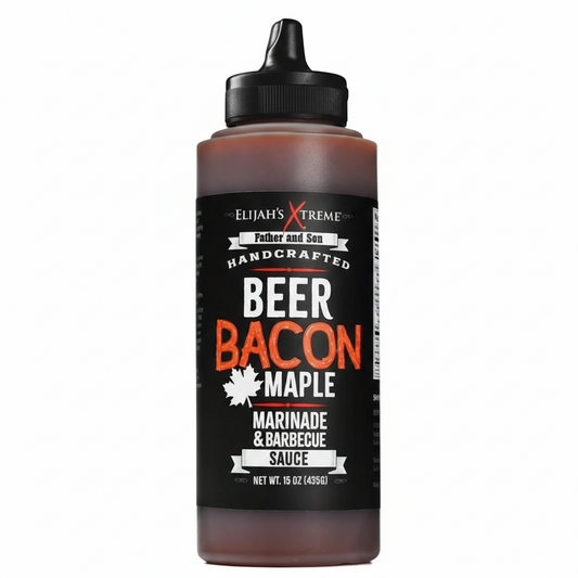 Bottle of Elijah's Extreme Beer Bacon Maple Marinade & Barbecue Sauce on a white background