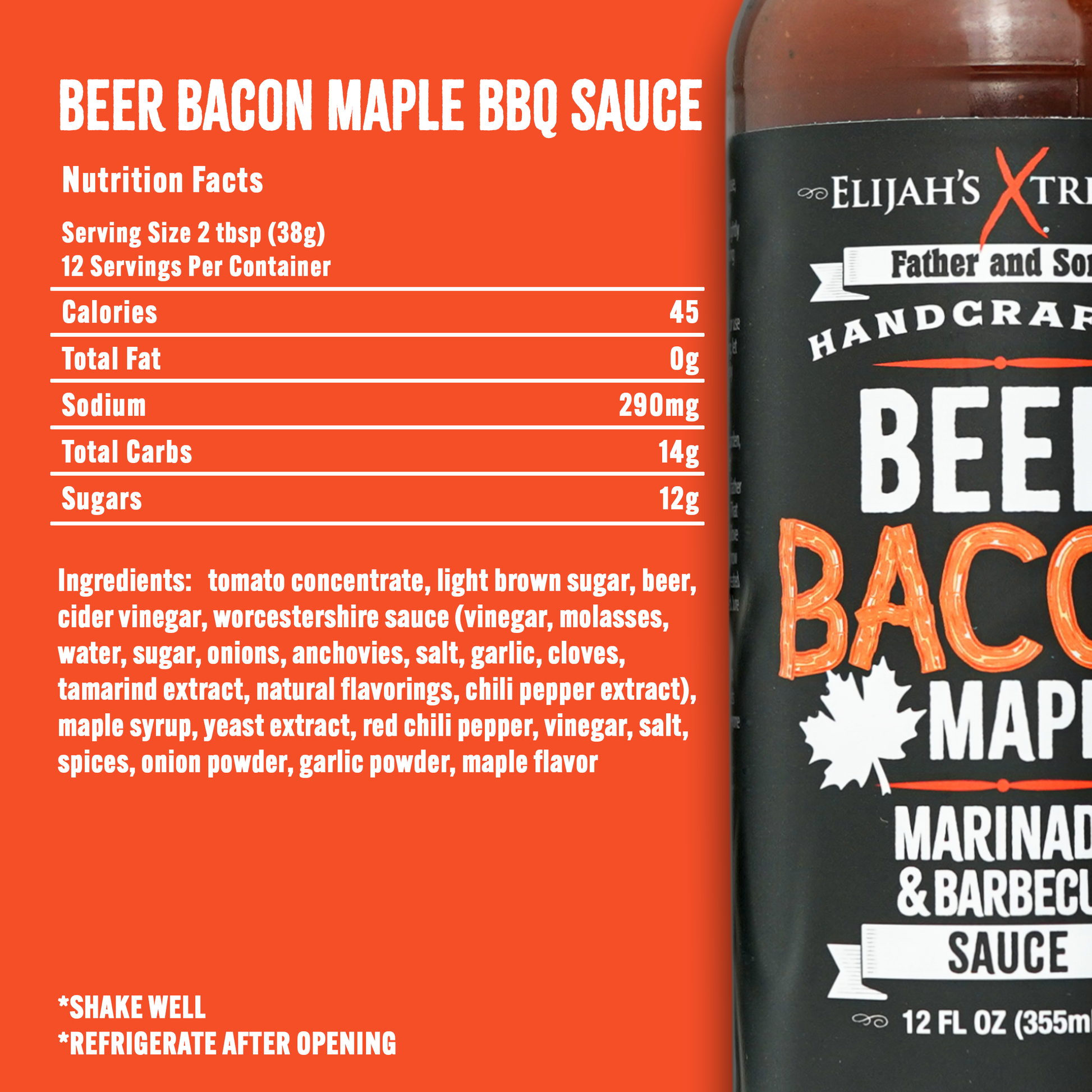 Beer Bacon Maple BBQ Sauce bottle with nutrition facts on an orange background
