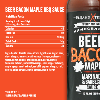 Beer Bacon Maple BBQ Sauce bottle with nutrition facts on an orange background