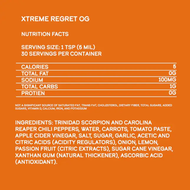 Nutrition facts label for Xtreme Regret OG on an orange background