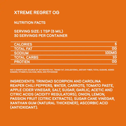 Nutrition facts label for Xtreme Regret OG on an orange background