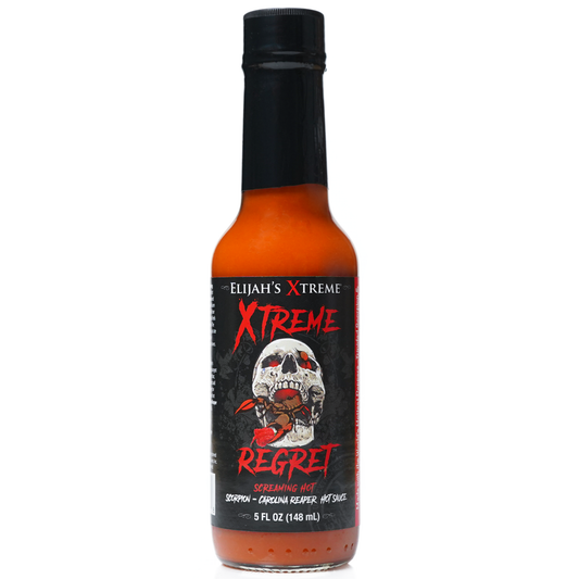 Bottle of Elijah's Xtreme Regret hot sauce on a white background