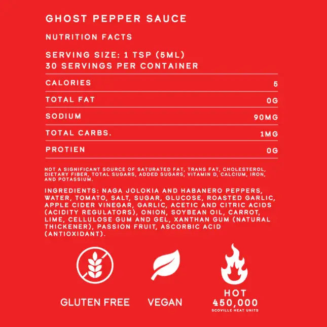 Nutrition facts label for Elijah's Ghost Pepper Sauce on a red background