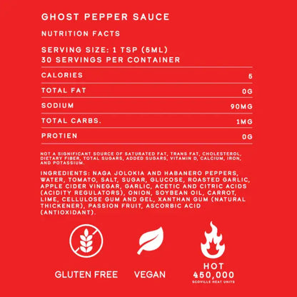 Nutrition facts label for Elijah's Ghost Pepper Sauce on a red background
