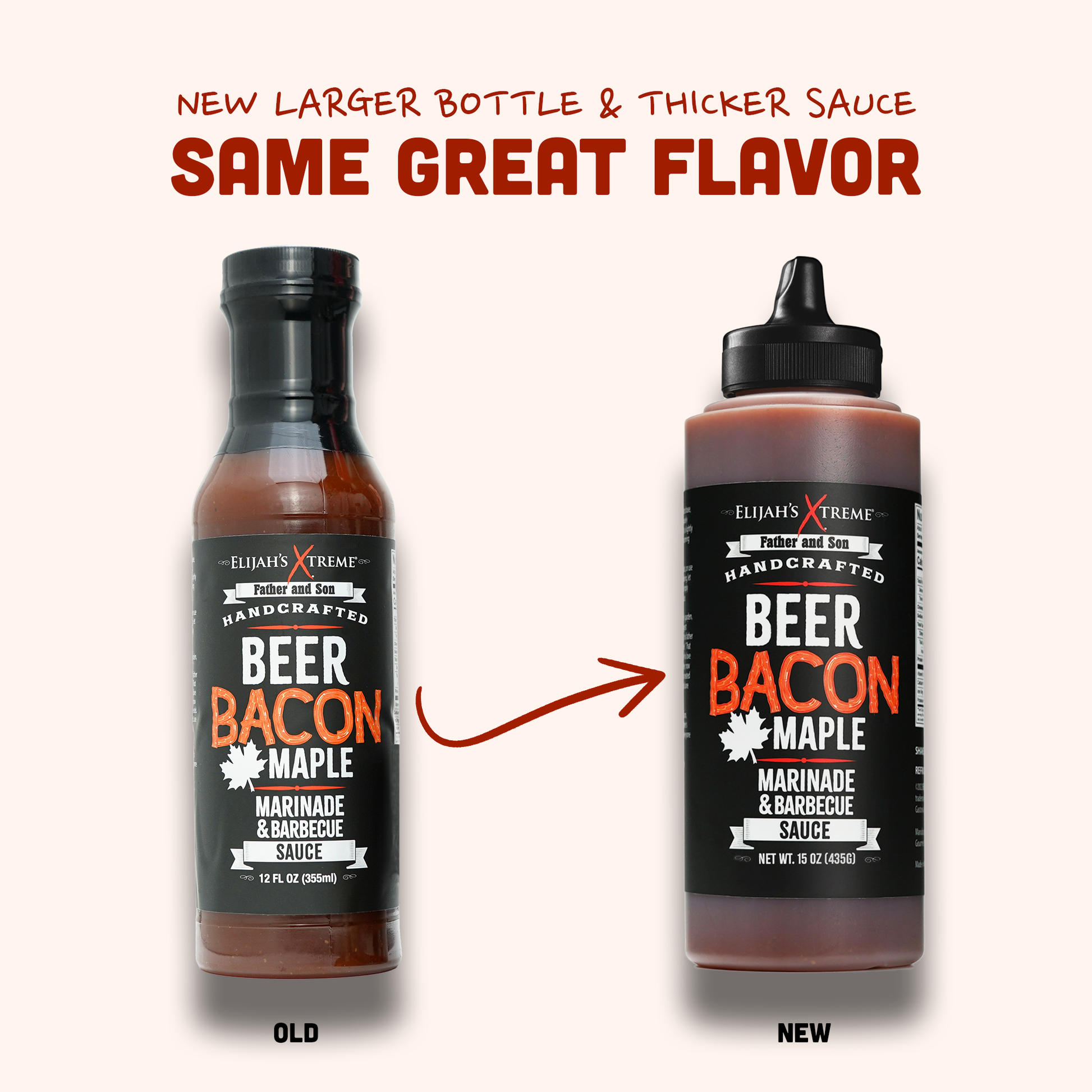 Comparison of old and new bottles of Beer Bacon Maple sauce with text about larger bottle size and thicker sauce.