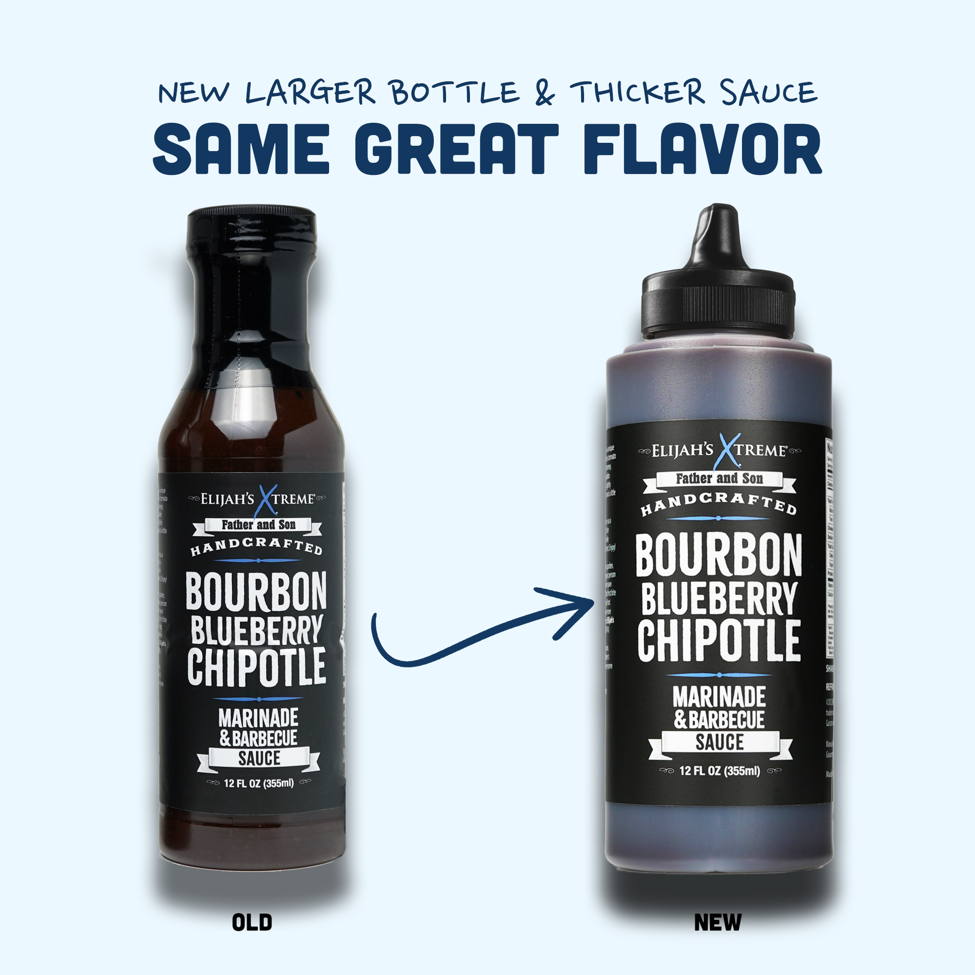 Comparison of old and new bottles of Elijah's Extreme Bourbon Blueberry Chipotle sauce on a light blue background.