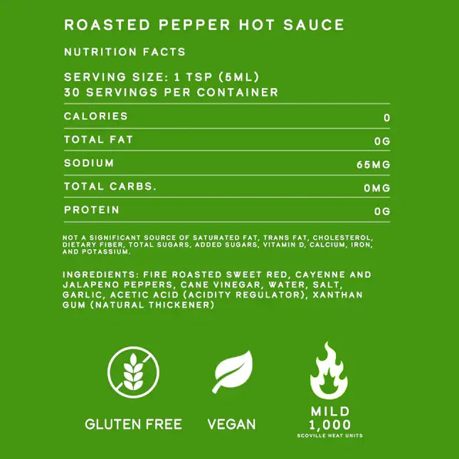 Nutrition facts label for Elijah's roasted pepper hot sauce on a green background