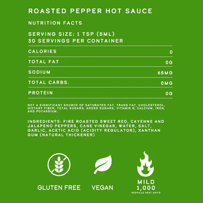 Nutrition facts label for Elijah's roasted pepper hot sauce on a green background