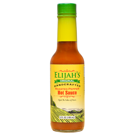Bottle of Elijah's Original Handcrafted Roasted Pepper Hot Sauce on a white background