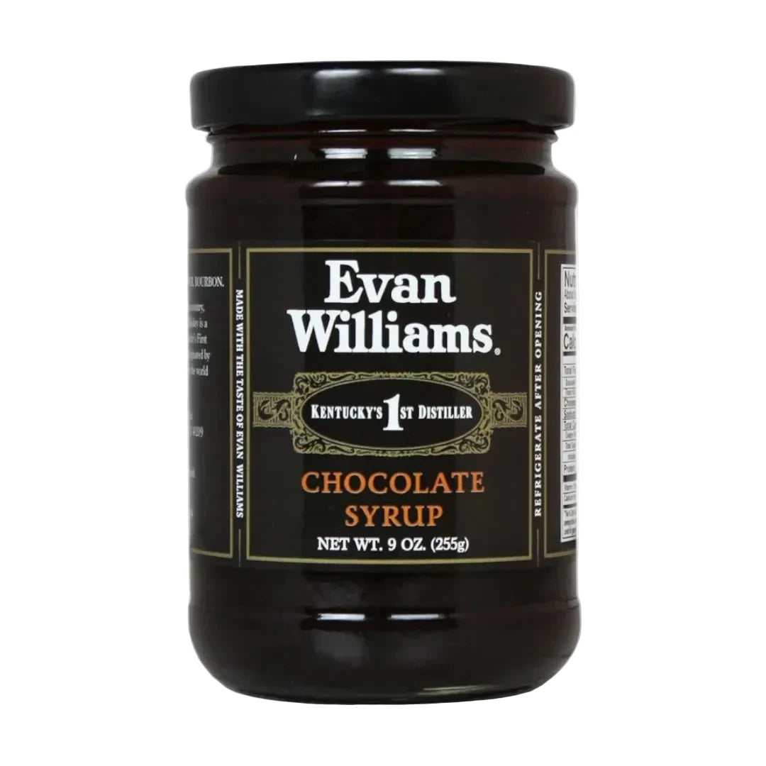Jar of Evan Williams chocolate syrup on a white background