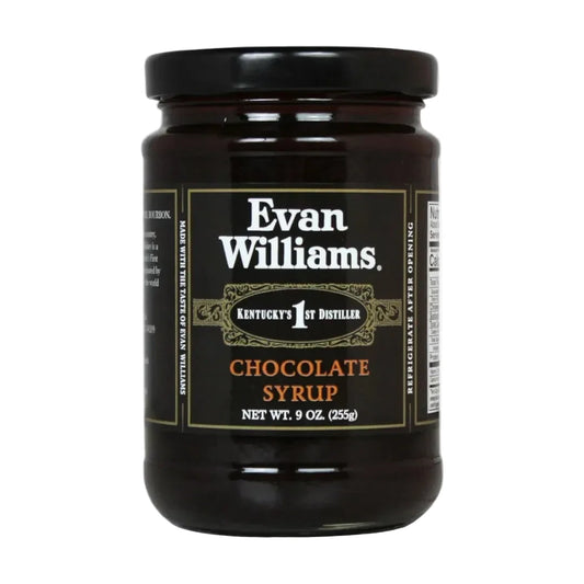Jar of Evan Williams chocolate syrup on a white background