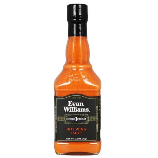 Bottle of Evan Williams hot wing sauce on a white background