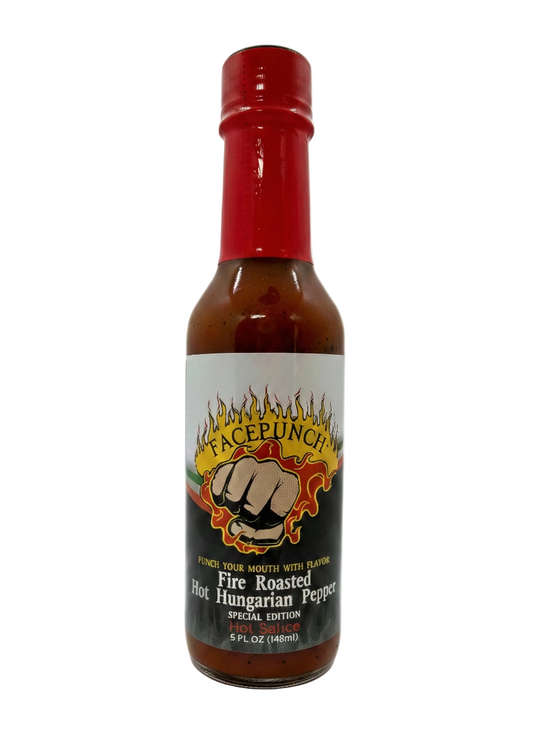 Bottle of Facepunch Fire Roasted Hot Hungarian Pepper Sauce