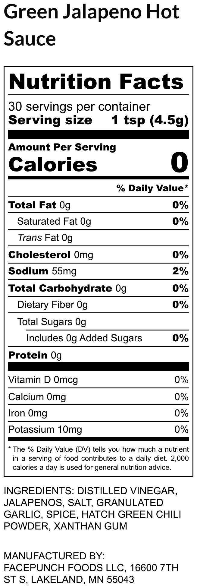 Facepunch Green Jalapeno Hot Sauce Nutrition Label