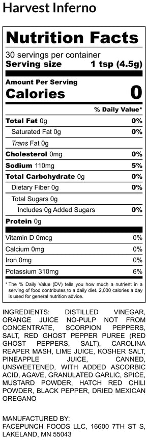 Nutrition facts label for Harvest Inferno product with serving size, calories, and ingredient list.
