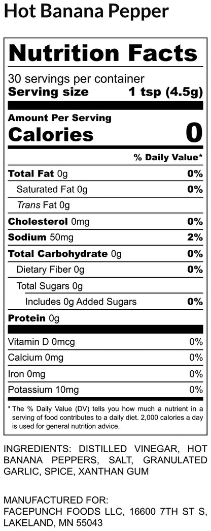 Facepunch Hot Banana Pepper nutrition label
