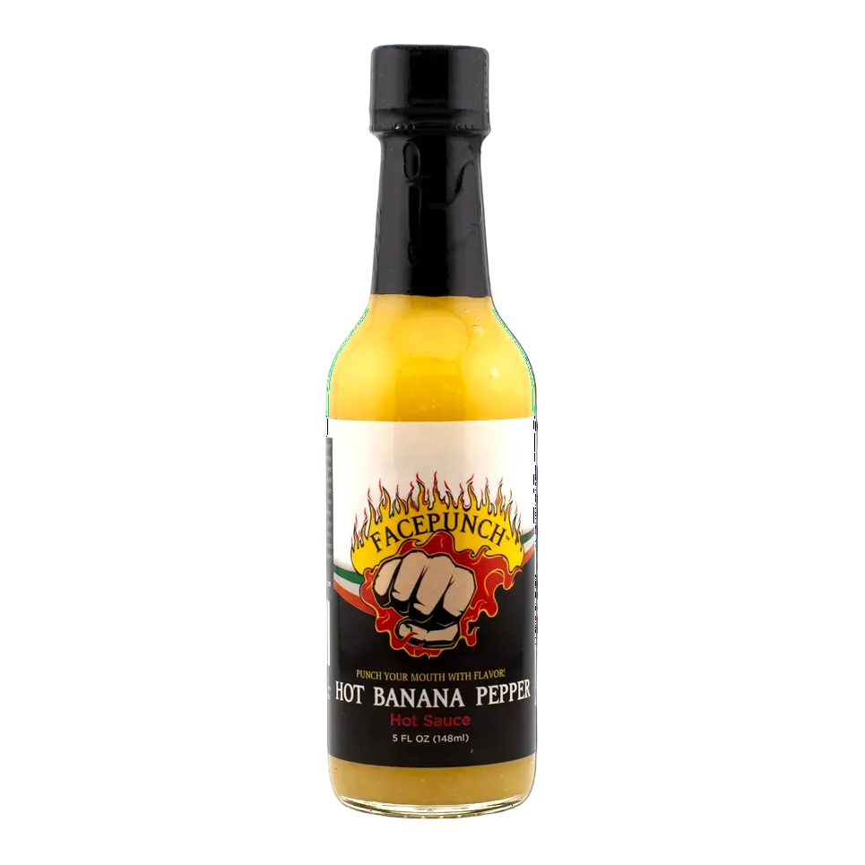 Bottle of Facepunch Hot Banana Pepper Hot Sauce on a white background