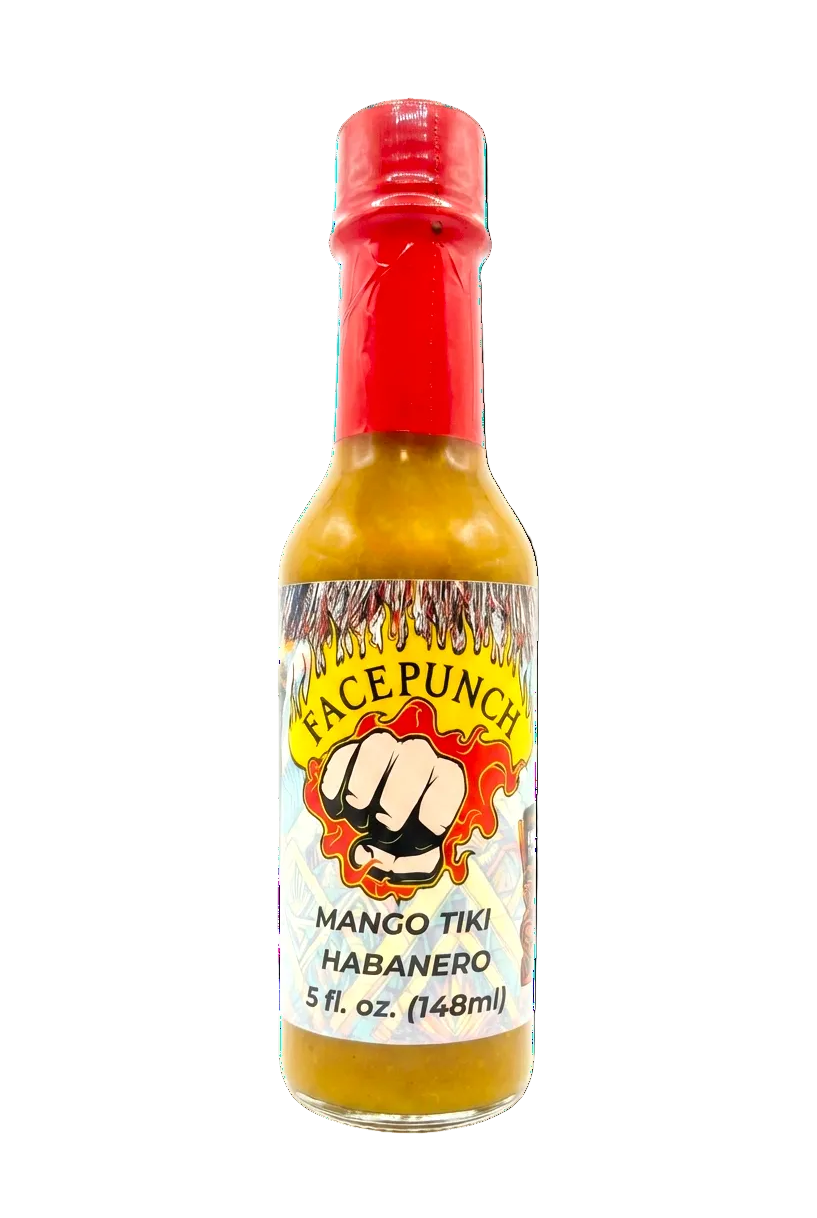 Bottle of Facepunch Mango Tiki Habanero hot sauce with a red cap on a white background