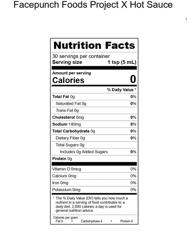 Nutrition label for Facepunch Project X Reaper Hot Sauce