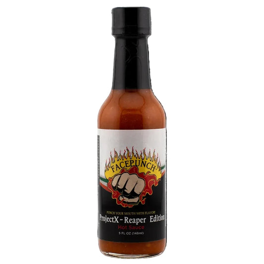 Facepunch Project X Reaper Hot sauce bottle with a label on a white background