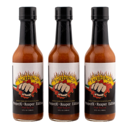 Three bottles of Facepunch ProjectX Reaper Edition hot sauce arranged side by side on a white background.