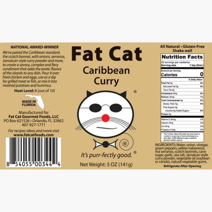 Fat Cat Caribbean Curry label with cat face logo and nutritional information.