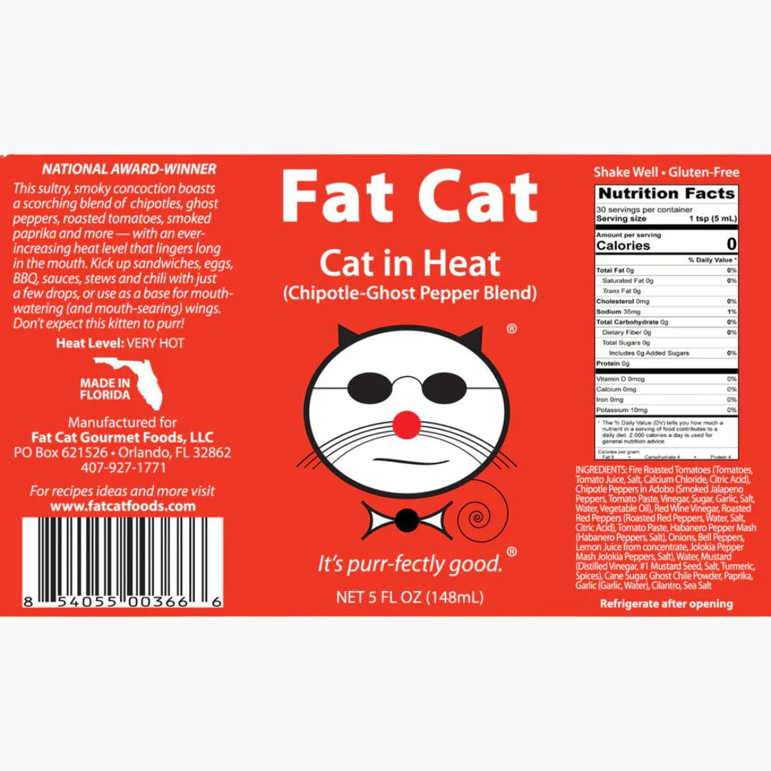 Nutrition label of Fat Cat Cat in Heat hot sauce