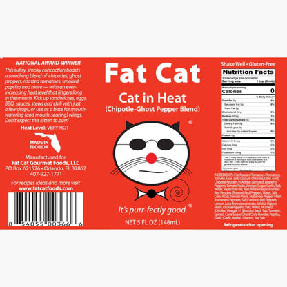 Nutrition label of Fat Cat Cat in Heat hot sauce