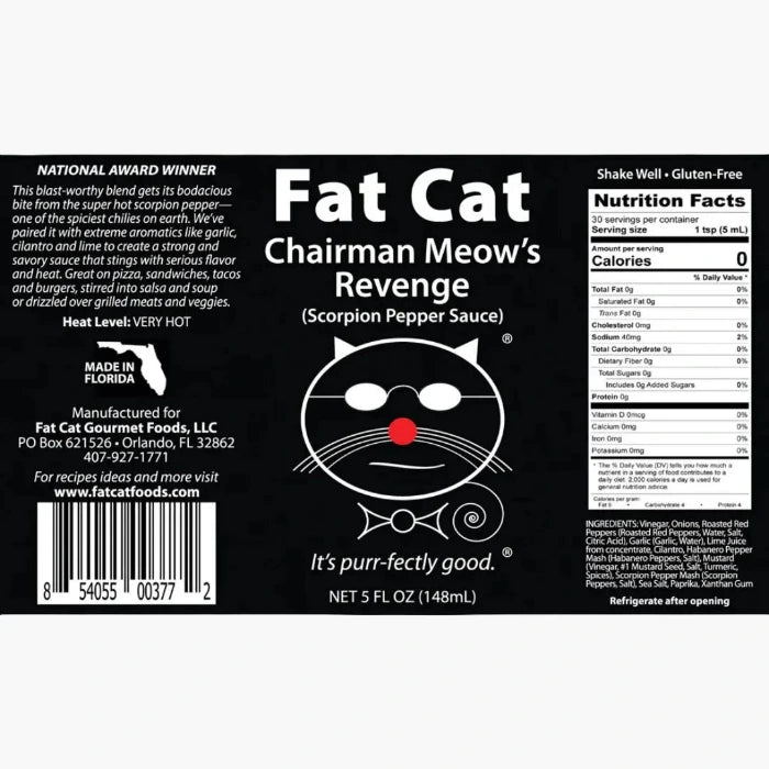 Label of Fat Cat Chairman Meow's Revenge Scorpion Pepper Sauce 