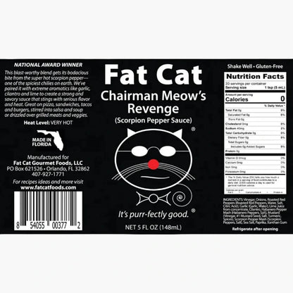 Label of Fat Cat Chairman Meow's Revenge Scorpion Pepper Sauce 