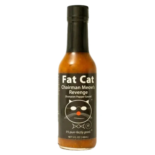 Bottle of Fat Cat Chairman Meow's Revenge scorpion pepper sauce 
