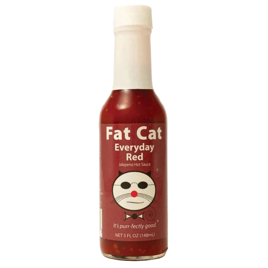 Bottle of Fat Cat Everyday Red hot sauce on a white background