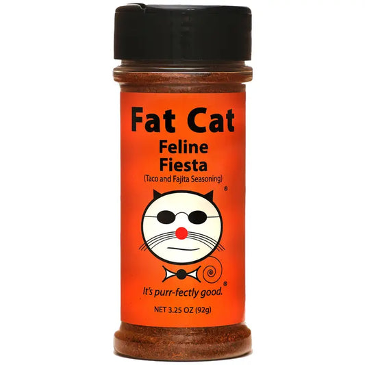 Spice jar labeled 'Fat Cat Feline Fiesta' on an orange background