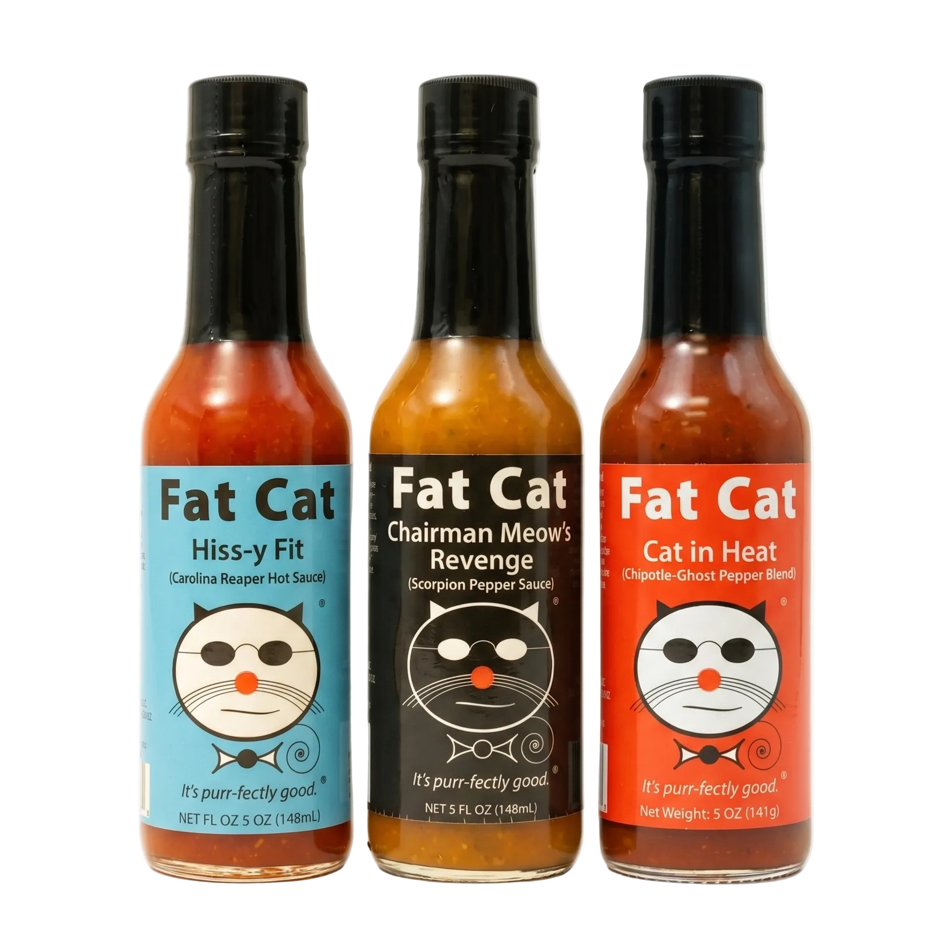 3 Super Hot Fat Cat Hot Sauces in one picture