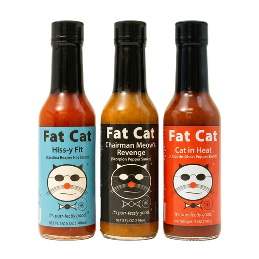 3 Super Hot Fat Cat Hot Sauces in one picture