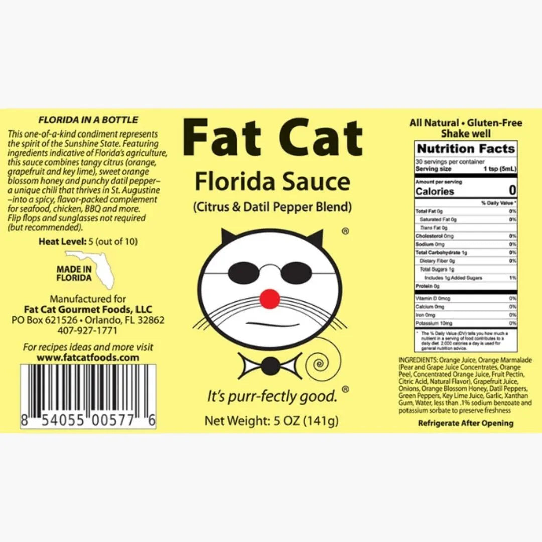 Label of Fat Cat Florida Sauce with a cat face logo on a yellow background