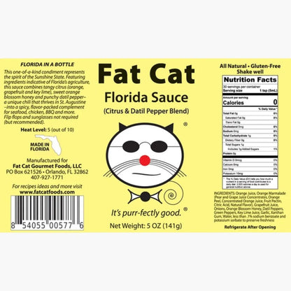 Label of Fat Cat Florida Sauce with a cat face logo on a yellow background