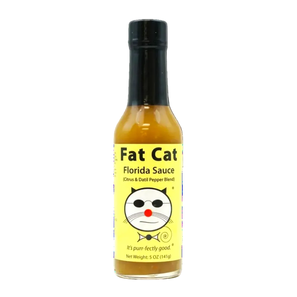 Bottle of Fat Cat Florida Sauce on a white background