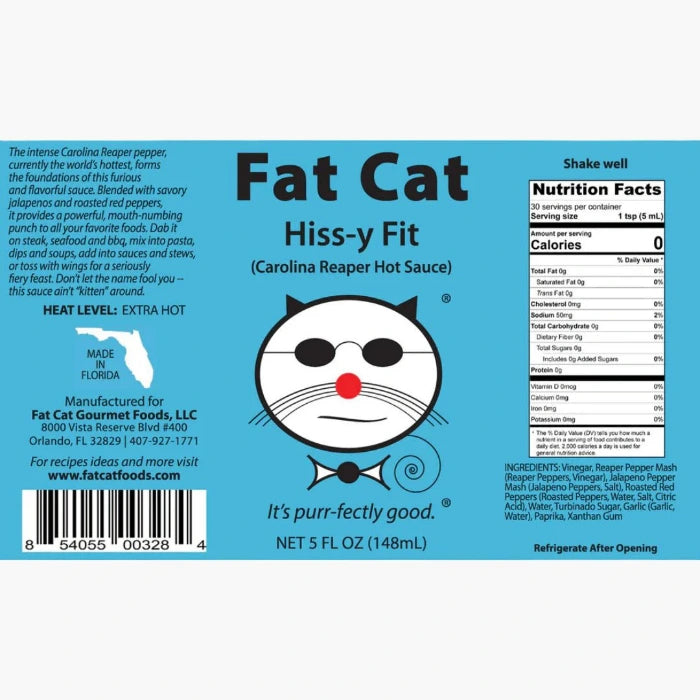 Label of Fat Cat Hiss-y Fit Carolina Reaper hot sauce 