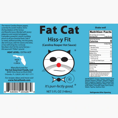 Label of Fat Cat Hiss-y Fit Carolina Reaper hot sauce 