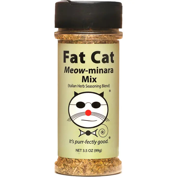 Spice jar labeled 'Fat Cat Meow-minara Mix' on a white background