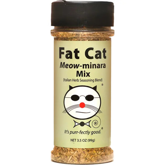 Spice jar labeled 'Fat Cat Meow-minara Mix' on a white background