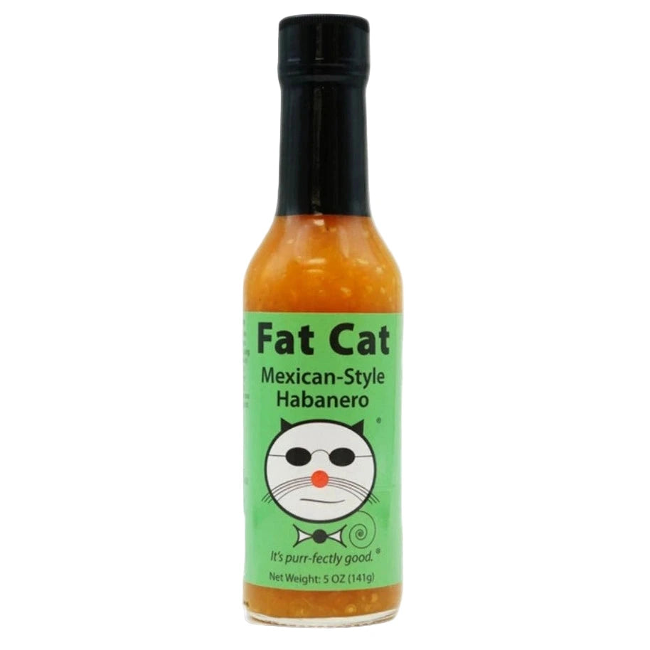 Bottle of Fat Cat Mexican-Style Habanero hot sauce on a white background