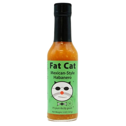 Bottle of Fat Cat Mexican-Style Habanero hot sauce on a white background
