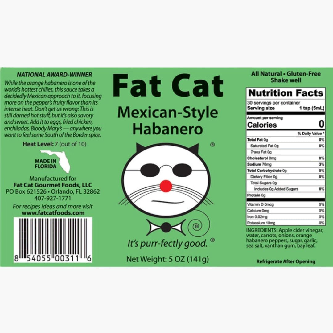 Fat Cat Mexican-Style Habanero sauce label with cat illustration and nutrition facts.